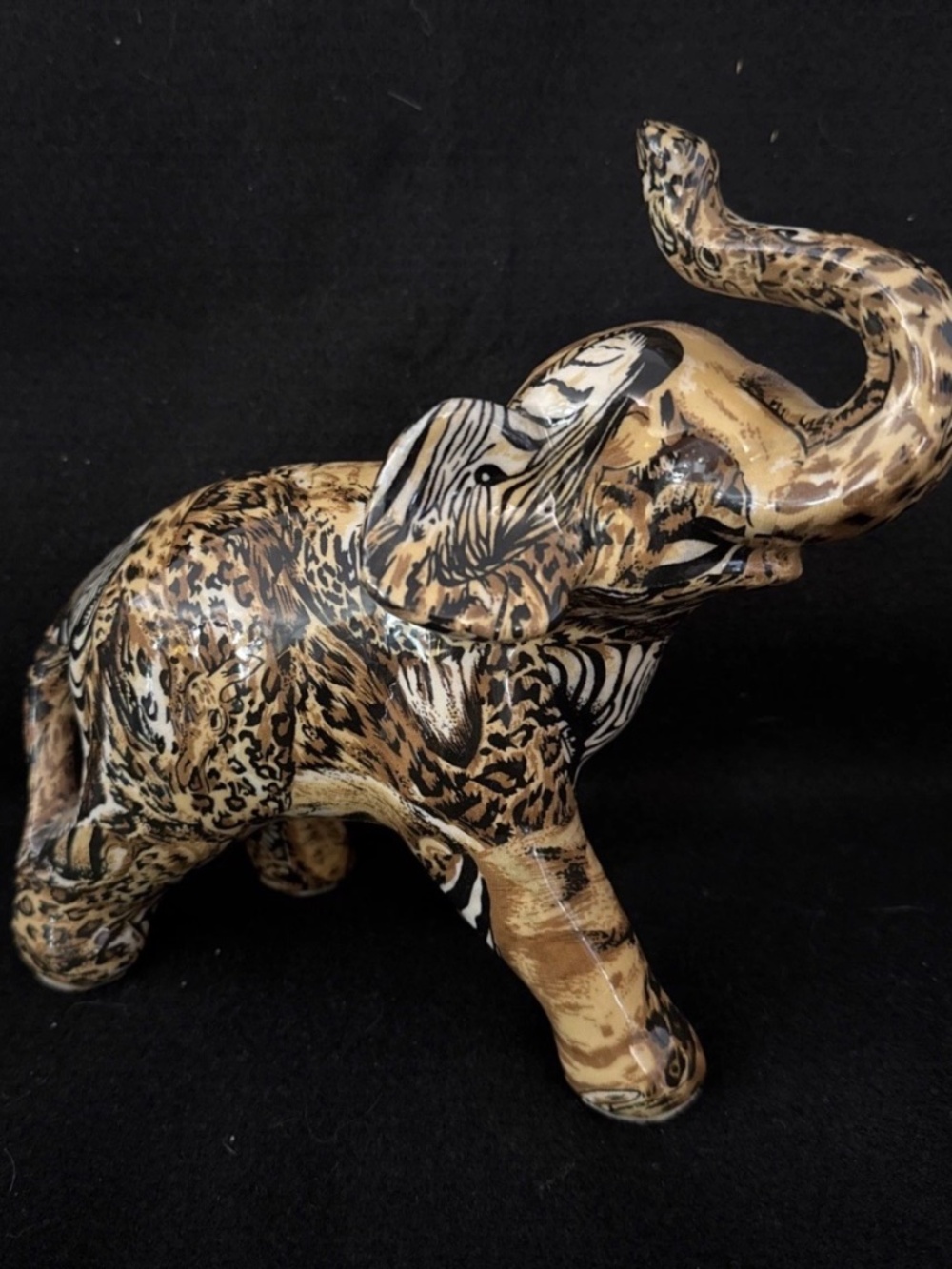 La Vie Elephant Figurine Raised Trunk Glazed Patchwork African Safari Animal